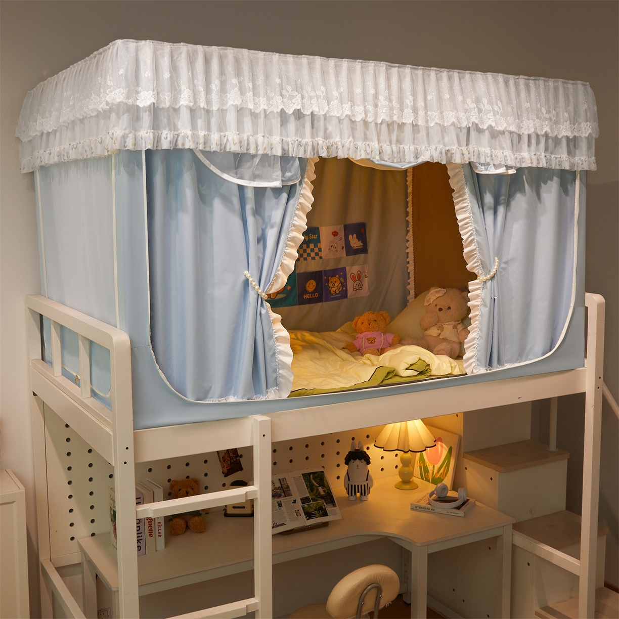 91家纺网 家纺一手货源 找家纺 笙意家纺 2025新款学生季学生宿舍遮光床帘蚊帐 花期-浅蓝