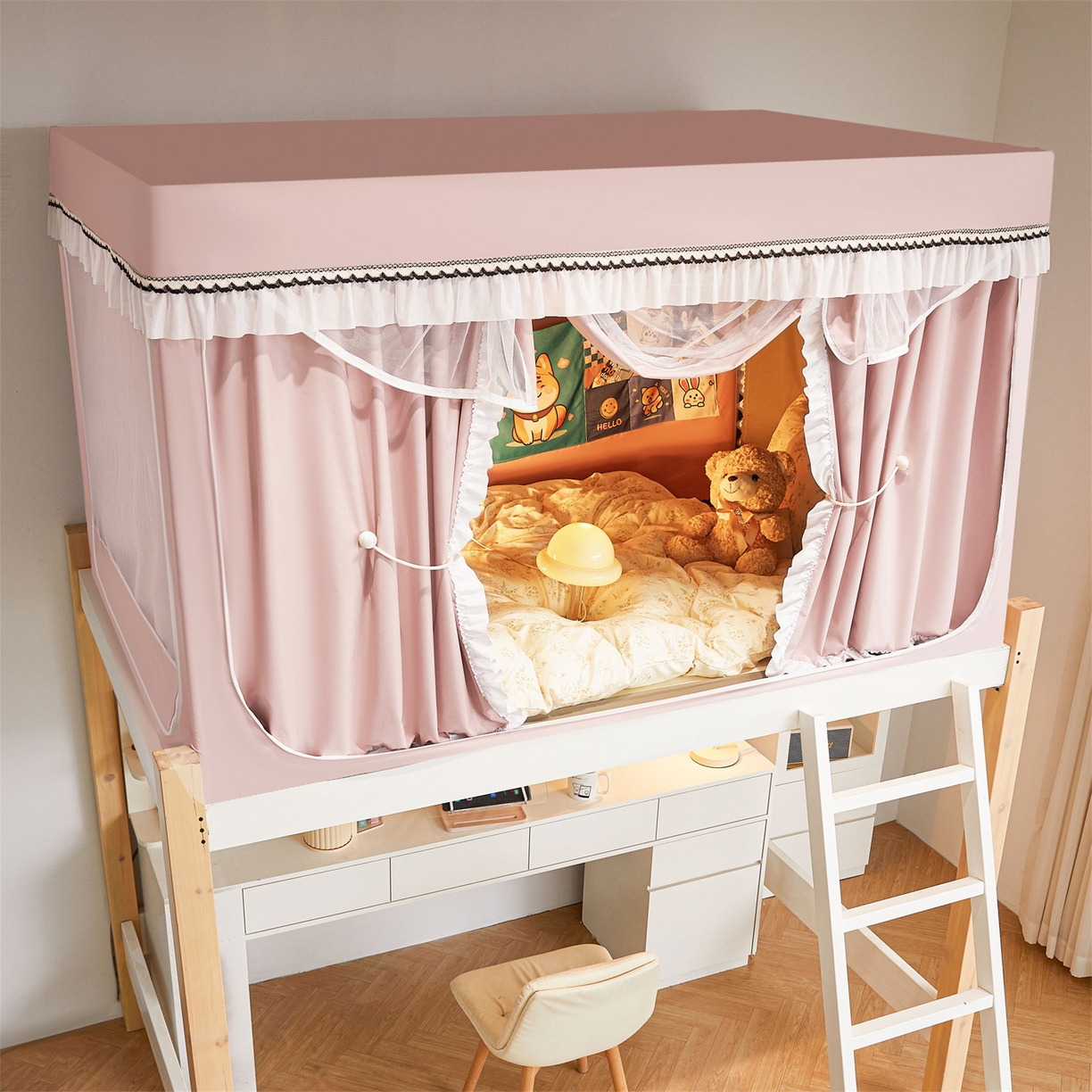 91家纺网 家纺一手货源 找家纺 笙意家纺 2025新款学生季学生宿舍遮光床帘蚊帐 如梦-粉玉