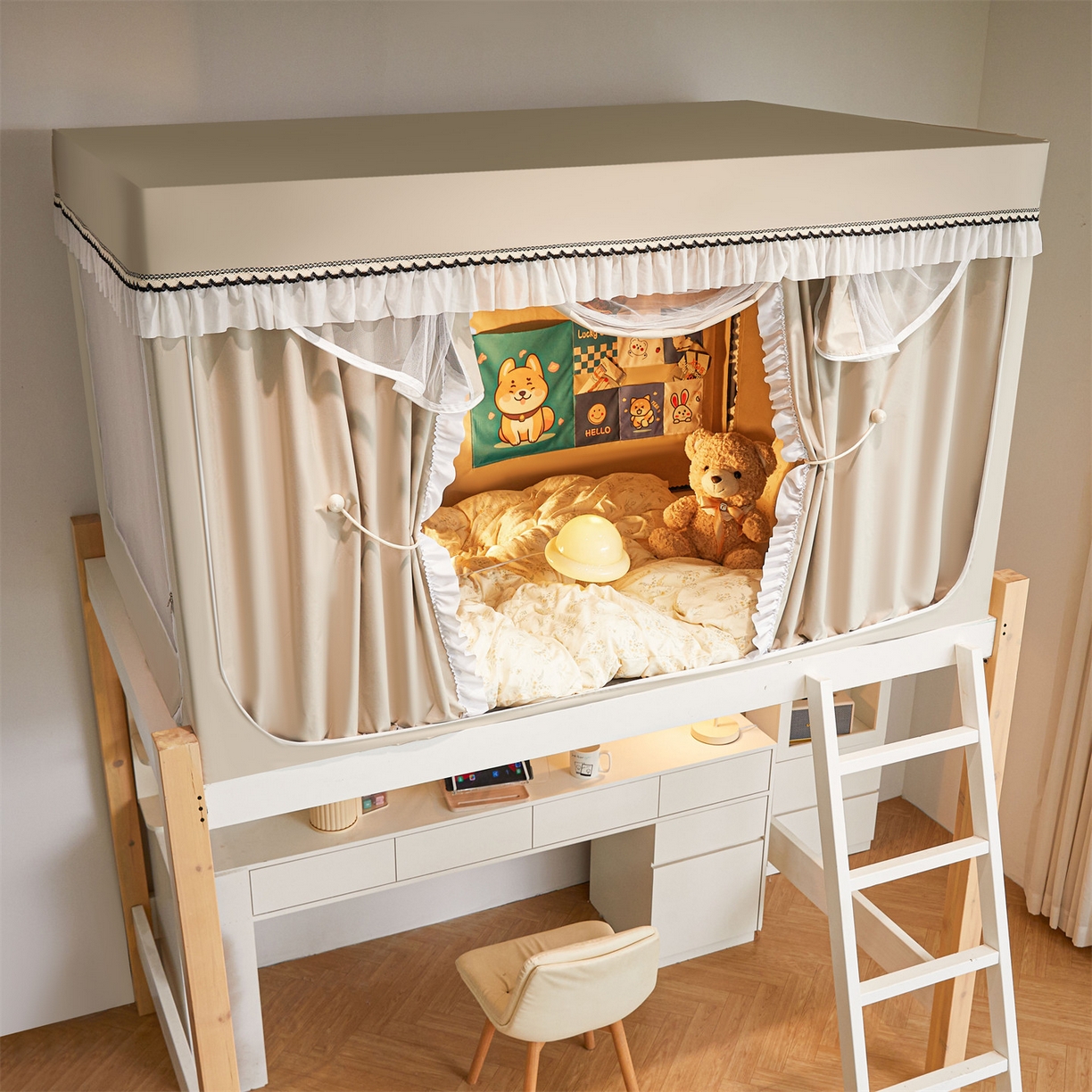 91家纺网 家纺一手货源 找家纺 笙意家纺 2025新款学生季学生宿舍遮光床帘蚊帐 如梦-米白