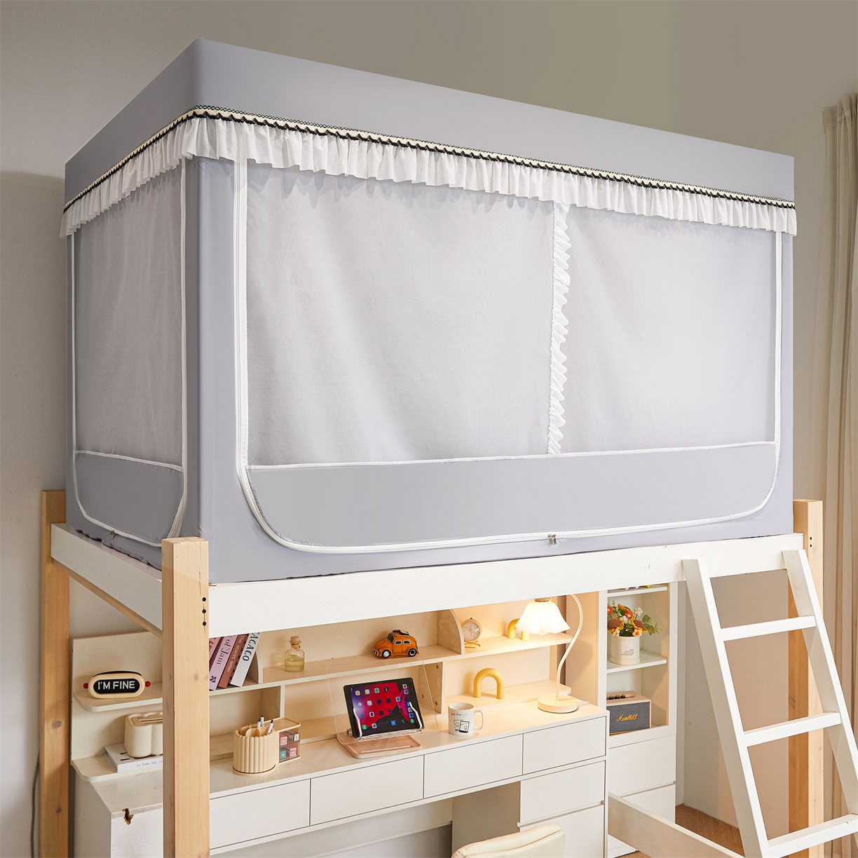 91家纺网 家纺一手货源 找家纺 笙意家纺 2025新款学生季学生宿舍遮光床帘蚊帐 如梦-浅灰