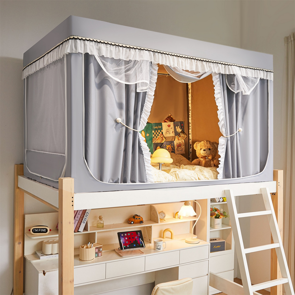 91家纺网 家纺一手货源 找家纺 笙意家纺 2025新款学生季学生宿舍遮光床帘蚊帐 如梦-浅灰