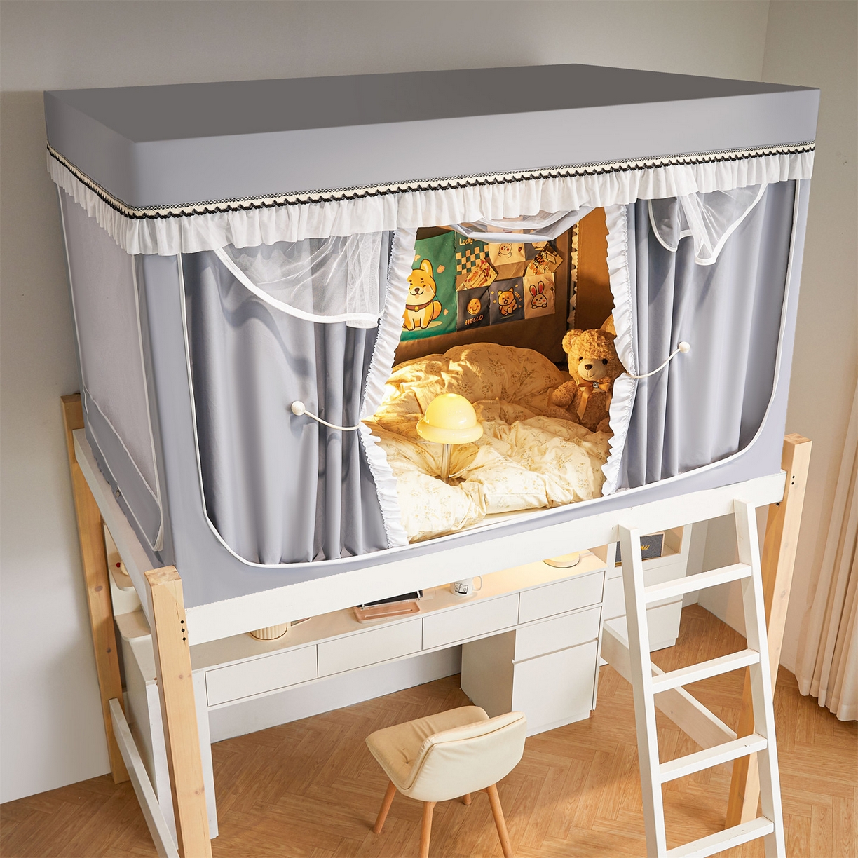 91家纺网 家纺一手货源 找家纺 笙意家纺 2025新款学生季学生宿舍遮光床帘蚊帐 如梦-浅灰