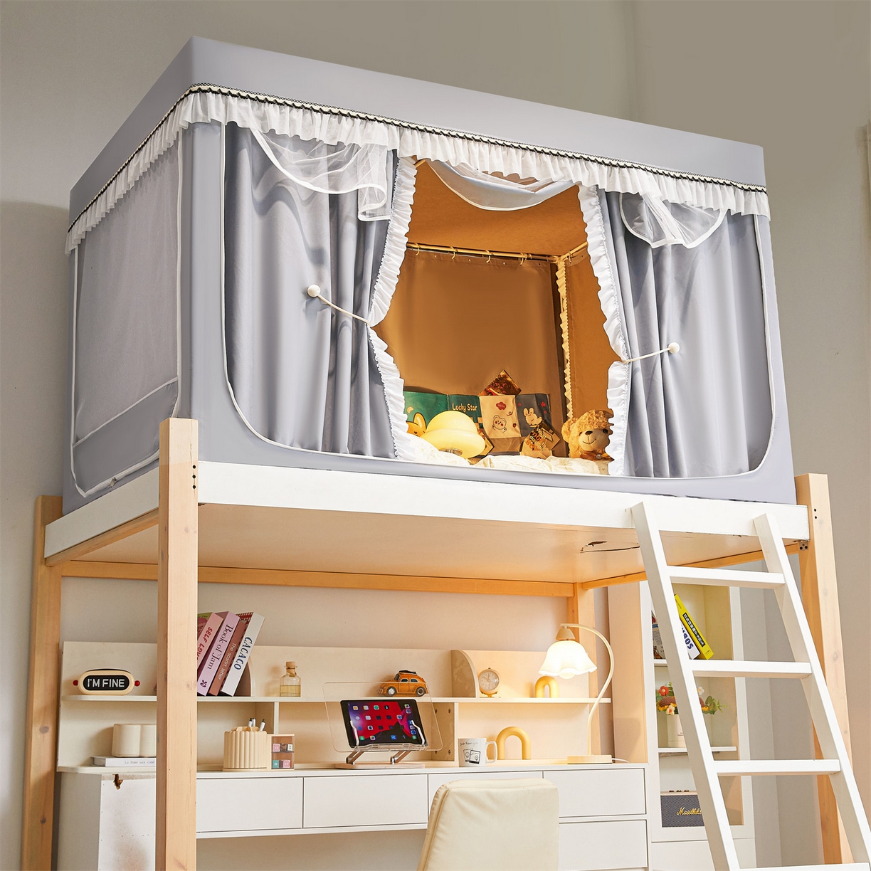 91家纺网 家纺一手货源 找家纺 笙意家纺 2025新款学生季学生宿舍遮光床帘蚊帐 如梦-浅灰