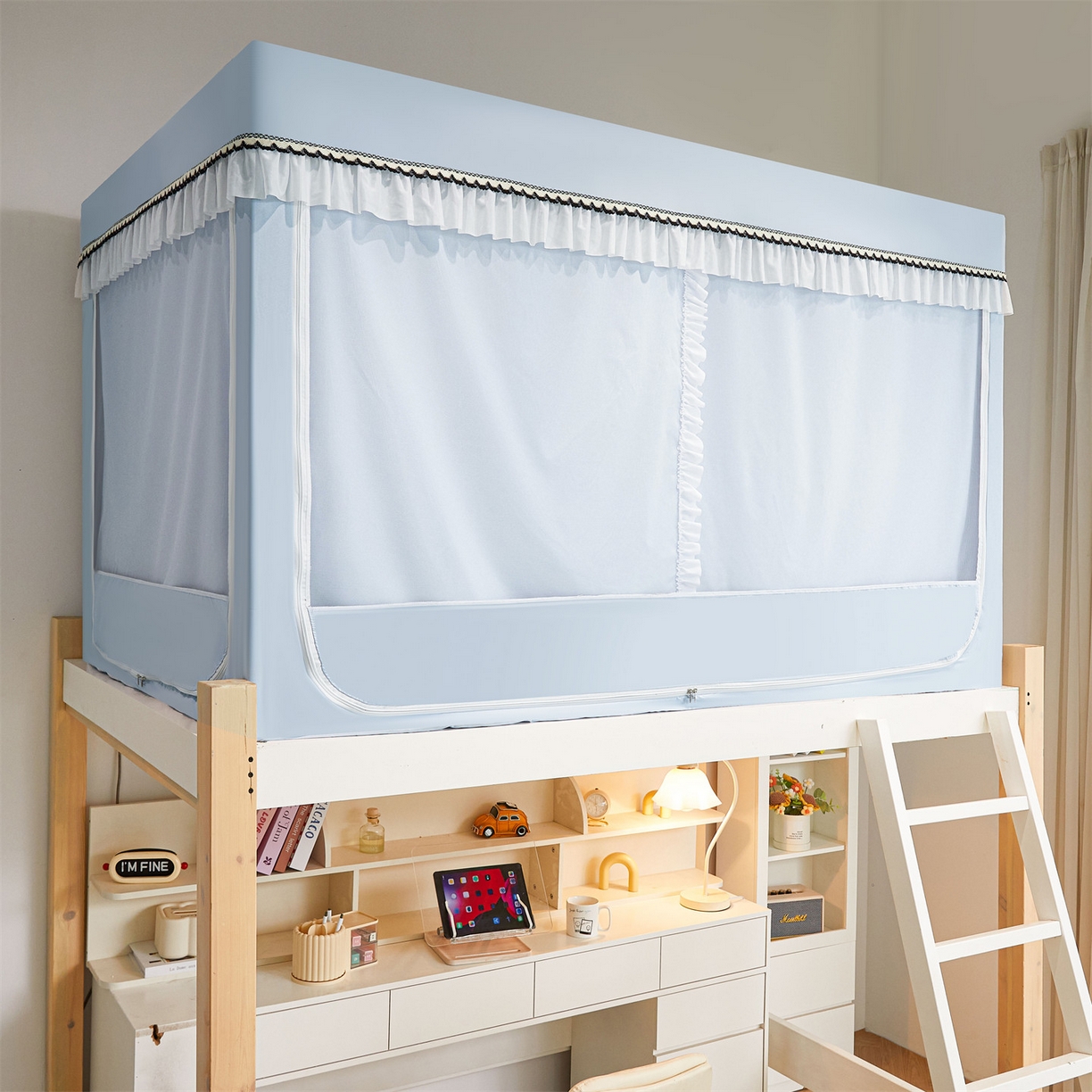 91家纺网 家纺一手货源 找家纺 笙意家纺 2025新款学生季学生宿舍遮光床帘蚊帐 如梦-浅蓝