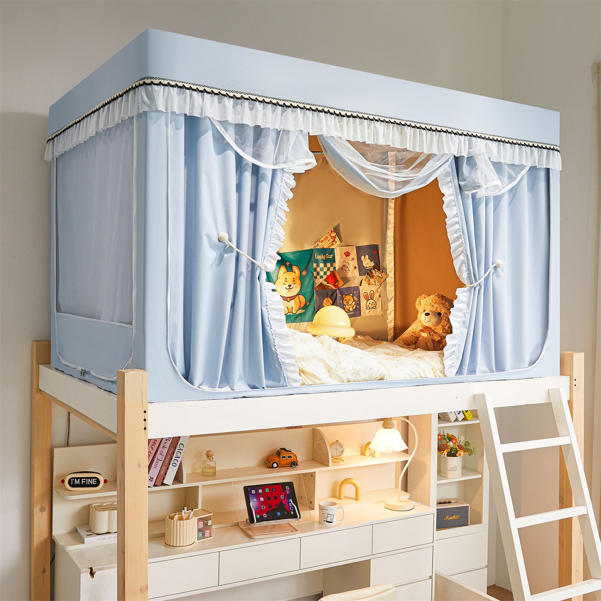 91家纺网 家纺一手货源 找家纺 笙意家纺 2025新款学生季学生宿舍遮光床帘蚊帐 如梦-浅蓝