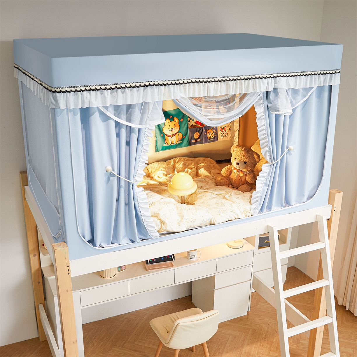 91家纺网 家纺一手货源 找家纺 笙意家纺 2025新款学生季学生宿舍遮光床帘蚊帐 如梦-浅蓝