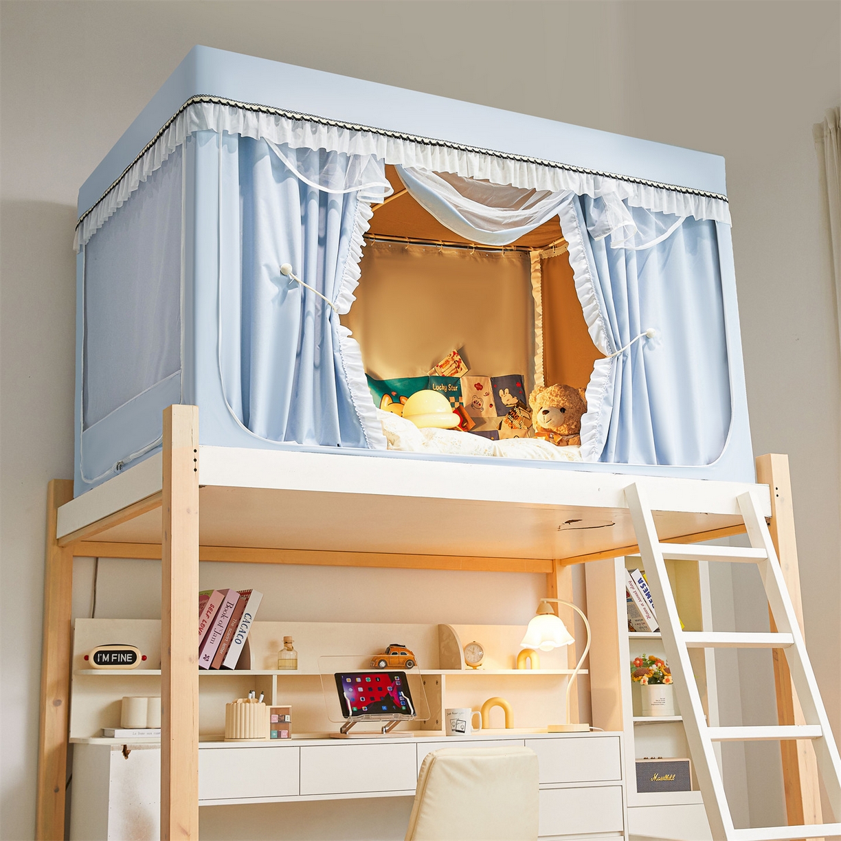 91家纺网 家纺一手货源 找家纺 笙意家纺 2025新款学生季学生宿舍遮光床帘蚊帐 如梦-浅蓝