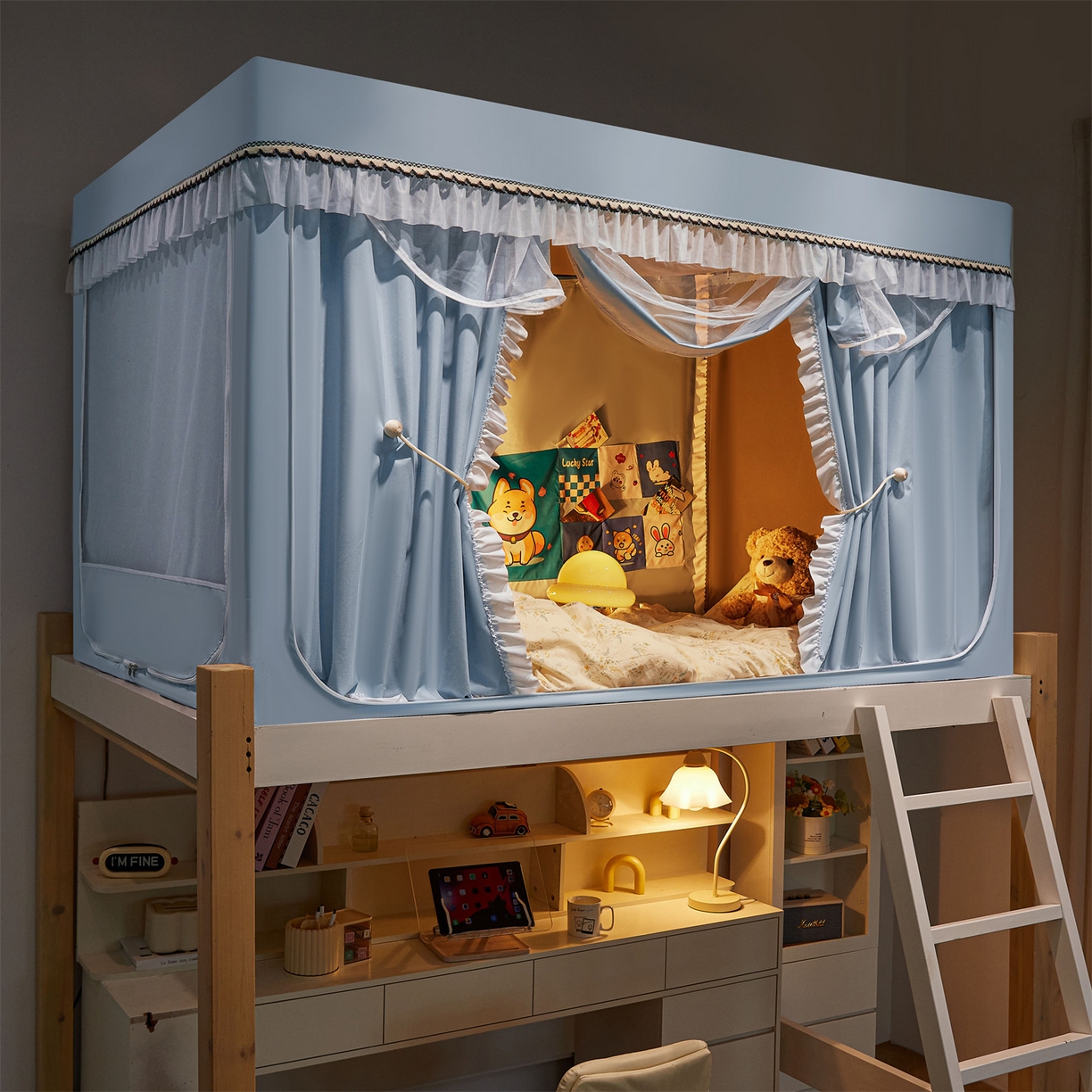 91家纺网 家纺一手货源 找家纺 笙意家纺 2025新款学生季学生宿舍遮光床帘蚊帐 如梦-浅蓝