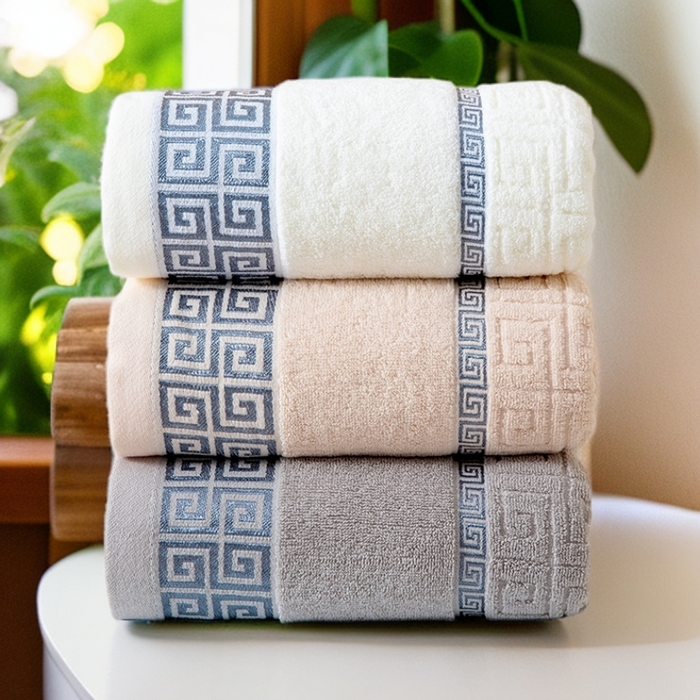 91家纺网 家纺一手货源 找家纺 （总）彩虹毛巾 2025新款全棉纯棉毛巾浴巾套装长城格缎带款毛巾浴巾套装跨境热销毛巾外贸纯棉浴巾