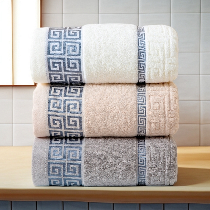 91家纺网 家纺一手货源 找家纺 彩虹毛巾 2025新款全棉纯棉毛巾浴巾套装长城格缎带款毛巾浴巾套装跨境热销毛巾外贸纯棉浴巾 长城格缎带-组合图仅供参考 毛巾浴巾套装