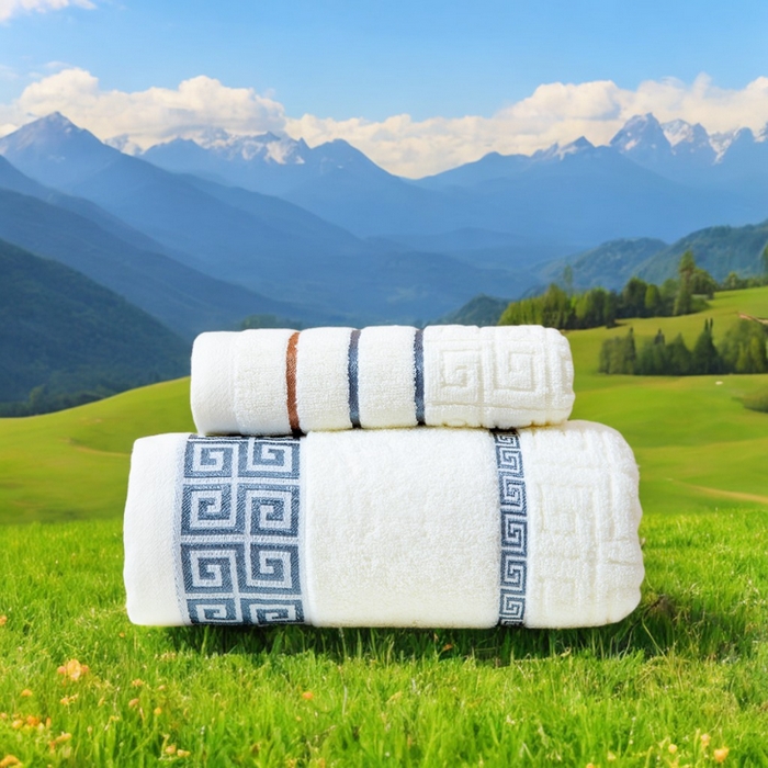 91家纺网 家纺一手货源 找家纺 彩虹毛巾 2025新款全棉纯棉毛巾浴巾套装长城格缎带款毛巾浴巾套装跨境热销毛巾外贸纯棉浴巾 长城格缎带-米白色 34x75cm毛巾/条