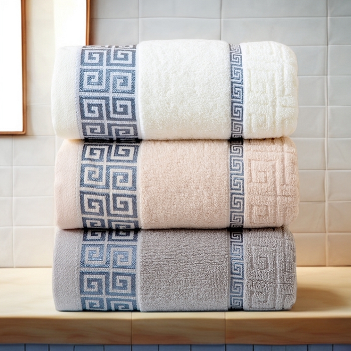 91家纺网 家纺一手货源 找家纺 彩虹毛巾 2025新款全棉纯棉毛巾浴巾套装长城格缎带款毛巾浴巾套装跨境热销毛巾外贸纯棉浴巾 长城格缎带-组合图仅供参考 34x75cm毛巾/条