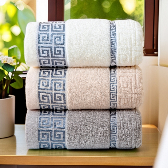 91家纺网 家纺一手货源 找家纺 （总）彩虹毛巾 2025新款全棉纯棉毛巾浴巾套装长城格缎带款毛巾浴巾套装跨境热销毛巾外贸纯棉浴巾