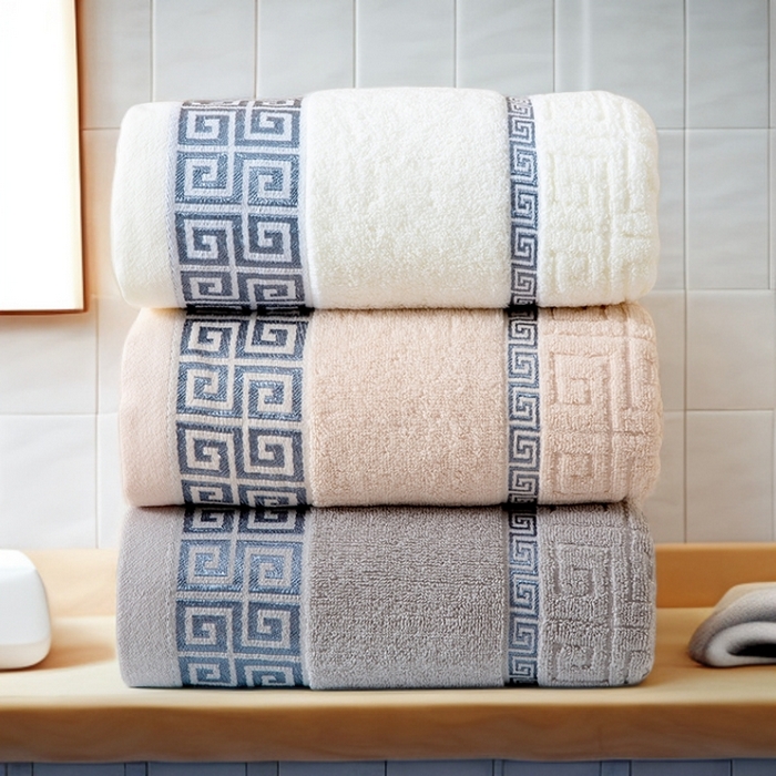 91家纺网 家纺一手货源 找家纺 彩虹毛巾 2025新款全棉纯棉毛巾浴巾套装长城格缎带款毛巾浴巾套装跨境热销毛巾外贸纯棉浴巾 长城格缎带-组合图仅供参考 34x75cm毛巾/条