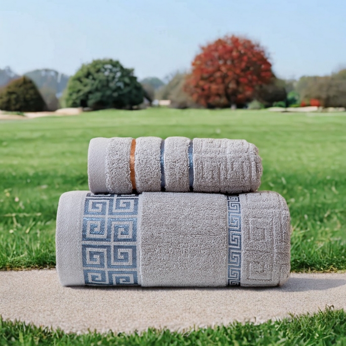 91家纺网 家纺一手货源 找家纺 彩虹毛巾 2025新款全棉纯棉毛巾浴巾套装长城格缎带款毛巾浴巾套装跨境热销毛巾外贸纯棉浴巾 长城格缎带-灰色 长城格缎带毛巾3色装