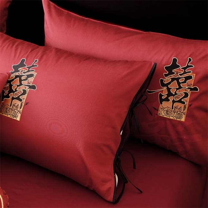 91家纺网 家纺一手货源 找家纺 宏羽纺家纺 2025新款100s全棉纯棉贡缎司马棉法式刺绣花边四件套墨韵喜缘