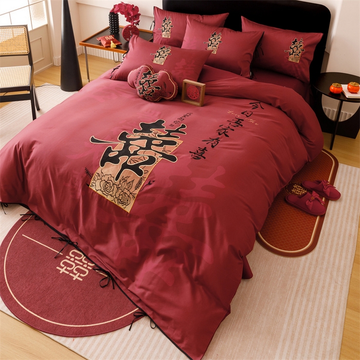 91家纺网 家纺一手货源 找家纺 宏羽纺家纺 2025新款100s全棉纯棉贡缎司马棉法式刺绣花边四件套墨韵喜缘