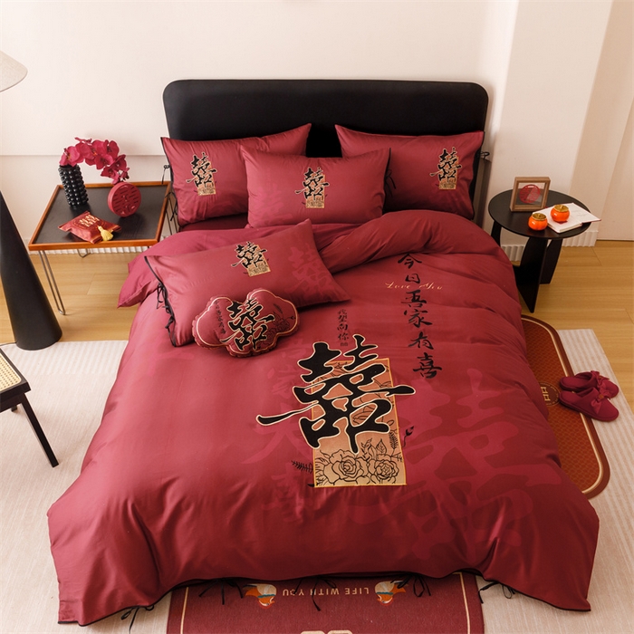 91家纺网 家纺一手货源 找家纺 宏羽纺家纺 2025新款100s全棉纯棉贡缎司马棉法式刺绣花边四件套墨韵喜缘