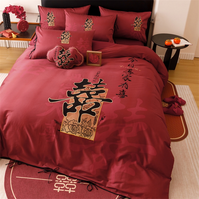 91家纺网 家纺一手货源 找家纺 宏羽纺家纺 2025新款100s全棉纯棉贡缎司马棉法式刺绣花边四件套墨韵喜缘