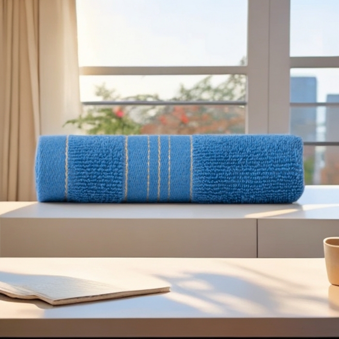 91家纺网 家纺一手货源 找家纺 彩虹毛巾 2025新款金丝款全棉纯棉毛巾浴巾套装素色简约毛巾纯色浴巾 金线款-海蓝 毛巾浴巾套装