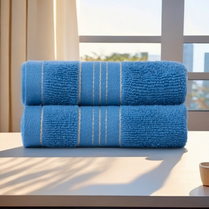 91家纺网 家纺一手货源 找家纺 彩虹毛巾 2025新款金丝款全棉纯棉毛巾浴巾套装素色简约毛巾纯色浴巾 金线款-海蓝 毛巾三条装