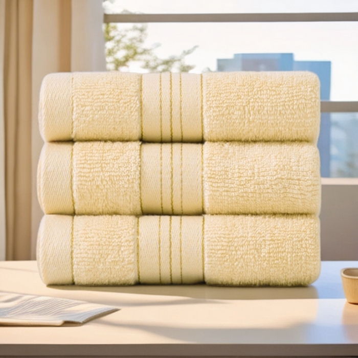 91家纺网 家纺一手货源 找家纺 彩虹毛巾 2025新款金丝款全棉纯棉毛巾浴巾套装素色简约毛巾纯色浴巾 金线款-雅黄 毛巾三条装