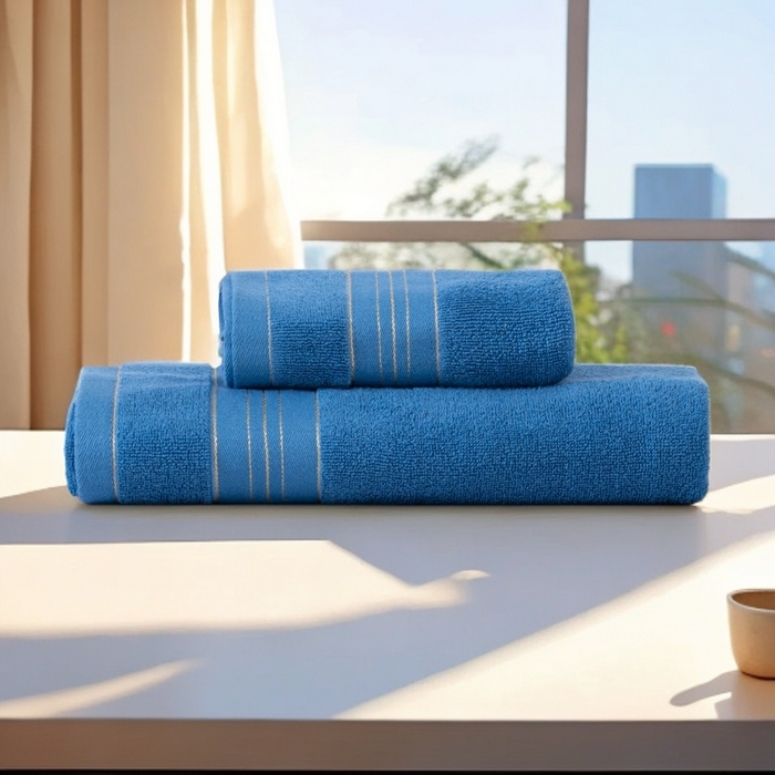 91家纺网 家纺一手货源 找家纺 彩虹毛巾 2025新款金丝款全棉纯棉毛巾浴巾套装素色简约毛巾纯色浴巾 金线款-海蓝 70x140cm浴巾/条