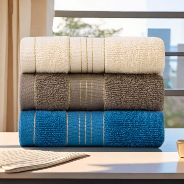 91家纺网 家纺一手货源 找家纺 彩虹毛巾 2025新款金丝款全棉纯棉毛巾浴巾套装素色简约毛巾纯色浴巾 组合图仅供参考 毛巾三条装