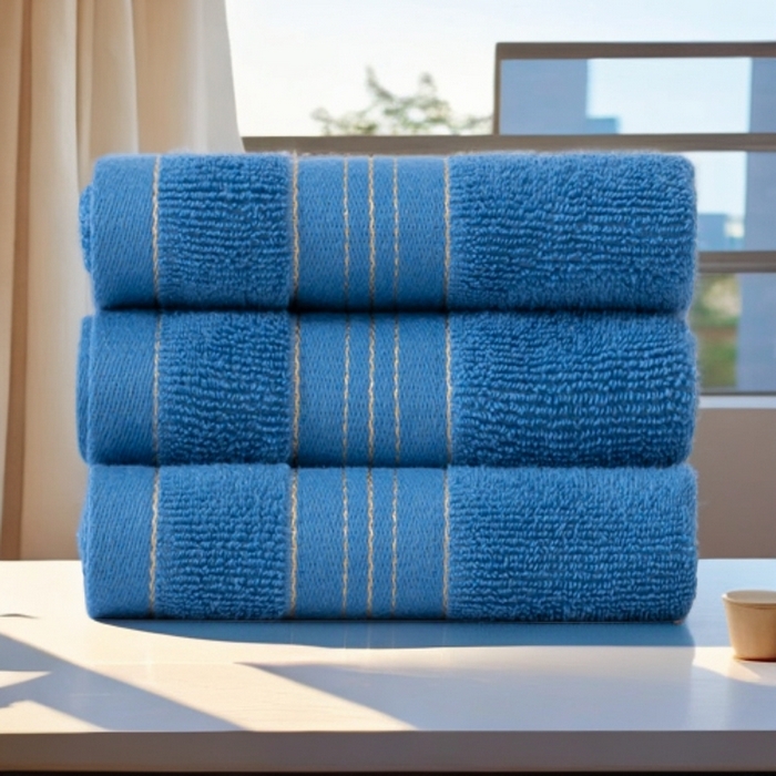 91家纺网 家纺一手货源 找家纺 彩虹毛巾 2025新款金丝款全棉纯棉毛巾浴巾套装素色简约毛巾纯色浴巾 金线款-海蓝 毛巾两条装