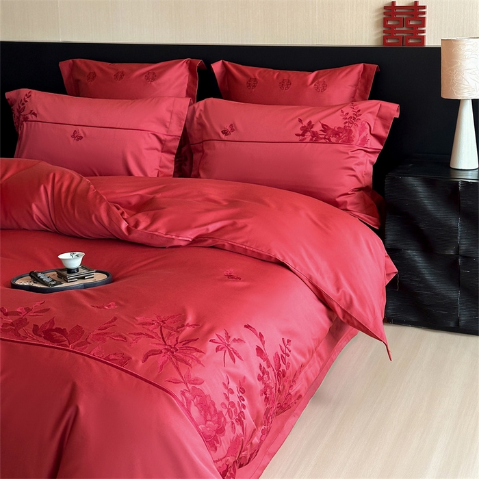 91家纺网 家纺一手货源 找家纺 宏羽纺家纺 2025新款100s全棉纯棉贡缎司马棉法式刺绣花边四件套午后花房-汐云红