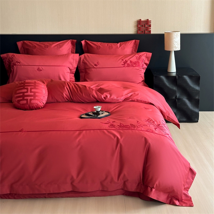 91家纺网 家纺一手货源 找家纺 宏羽纺家纺 2025新款100s全棉纯棉贡缎司马棉法式刺绣花边四件套午后花房-汐云红