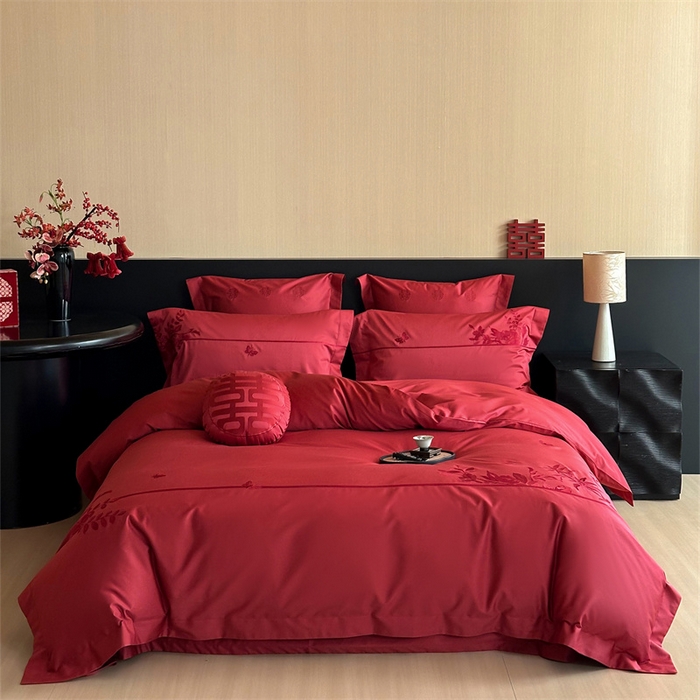 宏羽纺家纺 2025新款100s全棉纯棉贡缎司马棉法式刺绣花边四件套午后花房-汐云红