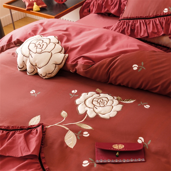 91家纺网 家纺一手货源 找家纺 宏羽纺家纺 2025新款100s全棉纯棉贡缎司马棉法式刺绣花边四件套夕颜