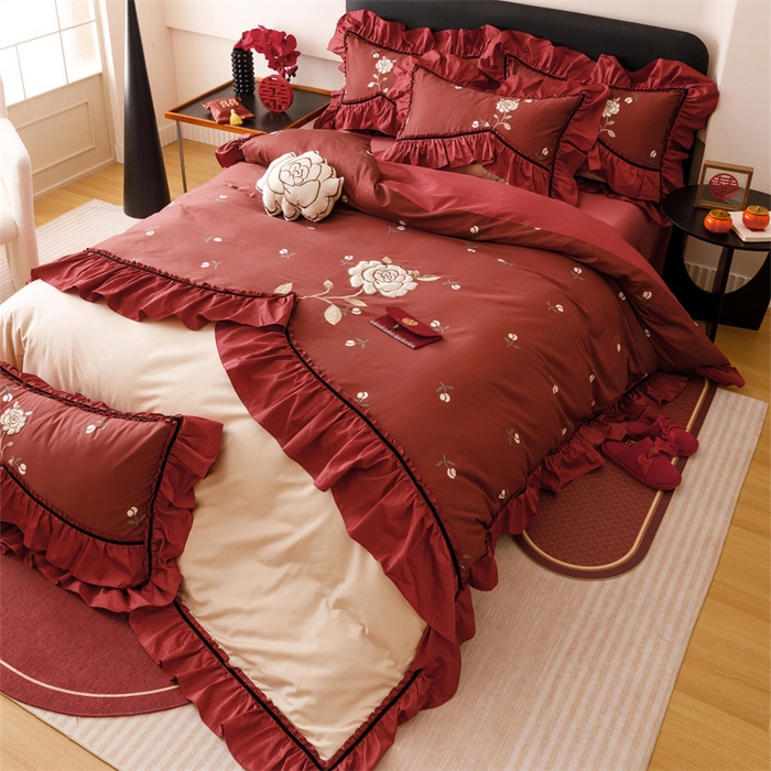 91家纺网 家纺一手货源 找家纺 宏羽纺家纺 2025新款100s全棉纯棉贡缎司马棉法式刺绣花边四件套夕颜