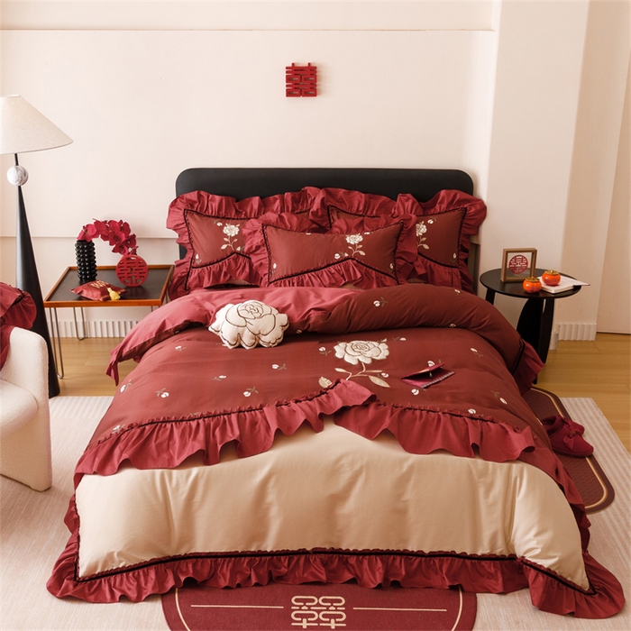 宏羽纺家纺 2025新款100s全棉纯棉贡缎司马棉法式刺绣花边四件套夕颜