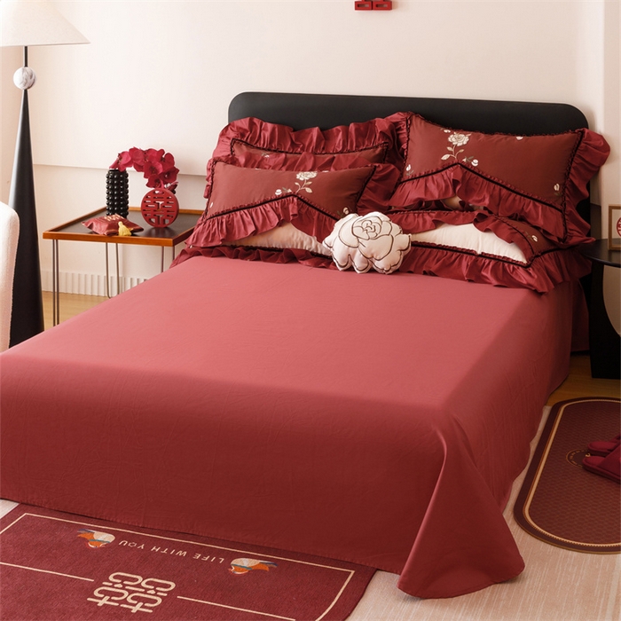 91家纺网 家纺一手货源 找家纺 宏羽纺家纺 2025新款100s全棉纯棉贡缎司马棉法式刺绣花边四件套夕颜