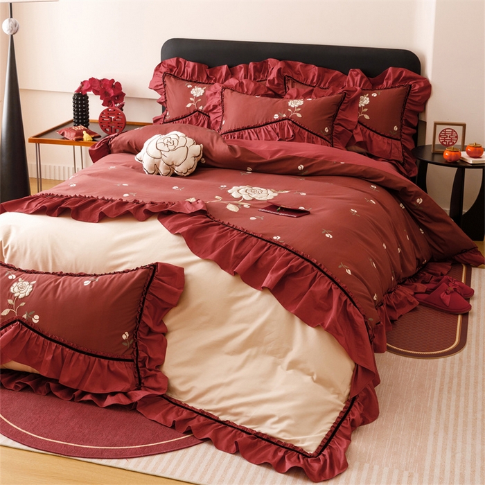 91家纺网 家纺一手货源 找家纺 宏羽纺家纺 2025新款100s全棉纯棉贡缎司马棉法式刺绣花边四件套夕颜