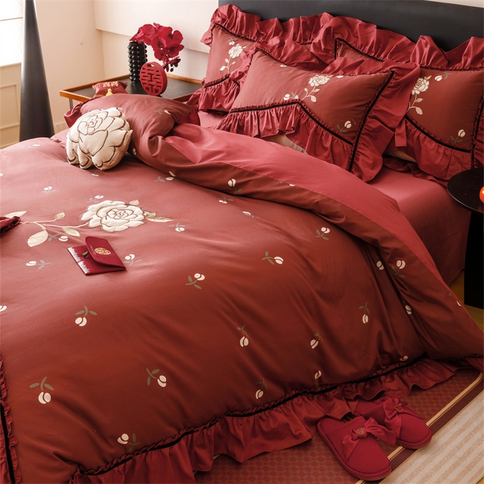 91家纺网 家纺一手货源 找家纺 宏羽纺家纺 2025新款100s全棉纯棉贡缎司马棉法式刺绣花边四件套夕颜