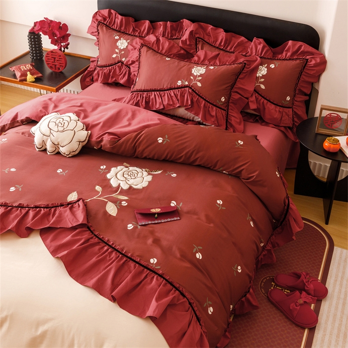 91家纺网 家纺一手货源 找家纺 宏羽纺家纺 2025新款100s全棉纯棉贡缎司马棉法式刺绣花边四件套夕颜