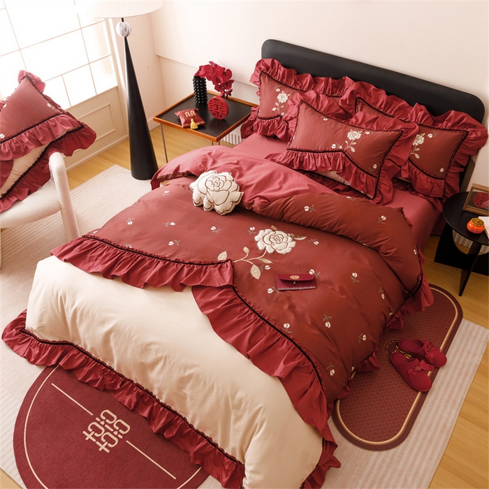 91家纺网 家纺一手货源 找家纺 宏羽纺家纺 2025新款100s全棉纯棉贡缎司马棉法式刺绣花边四件套夕颜