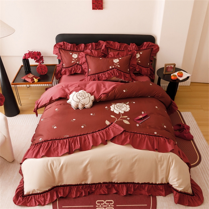 91家纺网 家纺一手货源 找家纺 宏羽纺家纺 2025新款100s全棉纯棉贡缎司马棉法式刺绣花边四件套夕颜