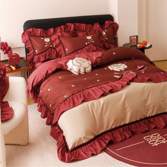 91家纺网 家纺一手货源 找家纺 宏羽纺家纺 2025新款100s全棉纯棉贡缎司马棉法式刺绣花边四件套夕颜