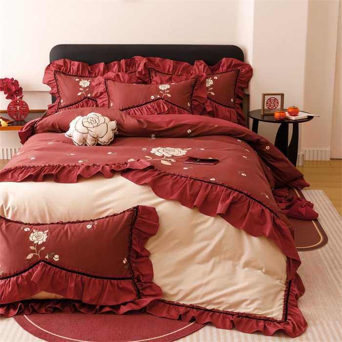 91家纺网 家纺一手货源 找家纺 宏羽纺家纺 2025新款100s全棉纯棉贡缎司马棉法式刺绣花边四件套夕颜