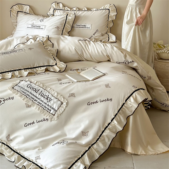 91家纺网 家纺一手货源 找家纺 宏羽纺家纺 2025新款100s全棉纯棉贡缎司马棉法式刺绣花边四件套花园之梦-奶油芝芝