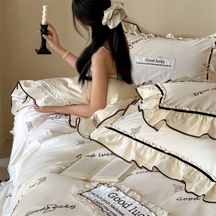 91家纺网 家纺一手货源 找家纺 宏羽纺家纺 2025新款100s全棉纯棉贡缎司马棉法式刺绣花边四件套花园之梦-奶油芝芝