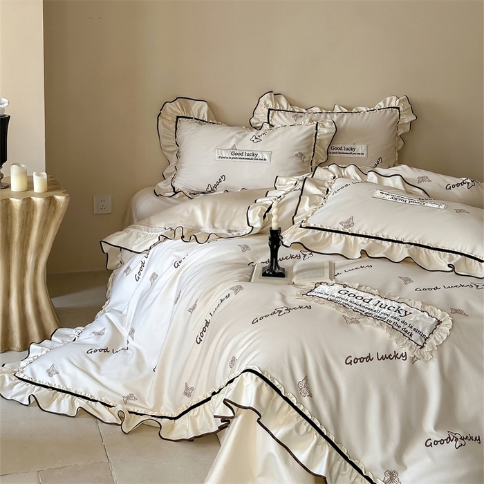 91家纺网 家纺一手货源 找家纺 宏羽纺家纺 2025新款100s全棉纯棉贡缎司马棉法式刺绣花边四件套花园之梦-奶油芝芝