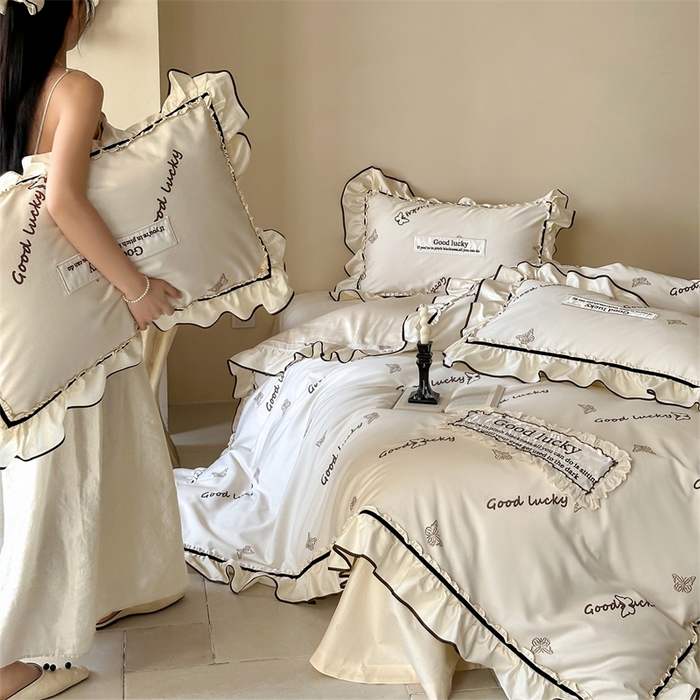 91家纺网 家纺一手货源 找家纺 宏羽纺家纺 2025新款100s全棉纯棉贡缎司马棉法式刺绣花边四件套花园之梦-奶油芝芝