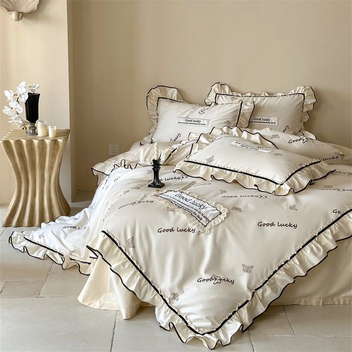 91家纺网 家纺一手货源 找家纺 宏羽纺家纺 2025新款100s全棉纯棉贡缎司马棉法式刺绣花边四件套花园之梦-奶油芝芝