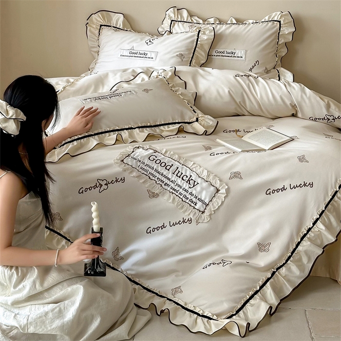 91家纺网 家纺一手货源 找家纺 宏羽纺家纺 2025新款100s全棉纯棉贡缎司马棉法式刺绣花边四件套花园之梦-奶油芝芝