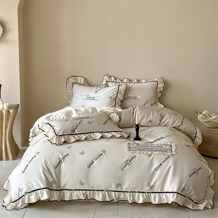 宏羽纺家纺 2025新款100s全棉纯棉贡缎司马棉法式刺绣花边四件套花园之梦-奶油芝芝